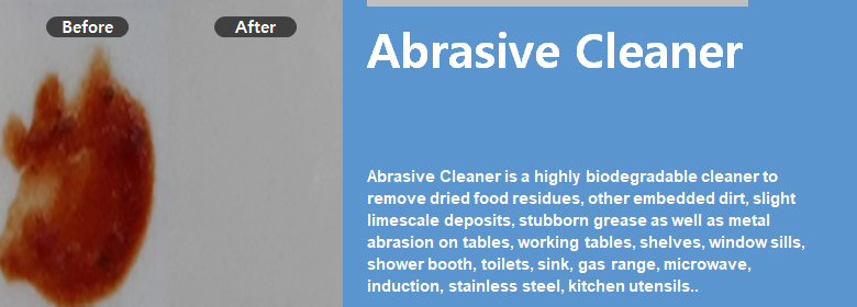 ConfiAd® Abrasive Cleaner is a highly biodegradable cleaner to remove dried food residues, other embedded dirt, slight limescale deposits, stubborn grease as well as metal abrasion on tables, working tables, shelves, window sills, shower booth, toilets, sink, gas range, microwave, induction, stainless steel, kitchen utensils.